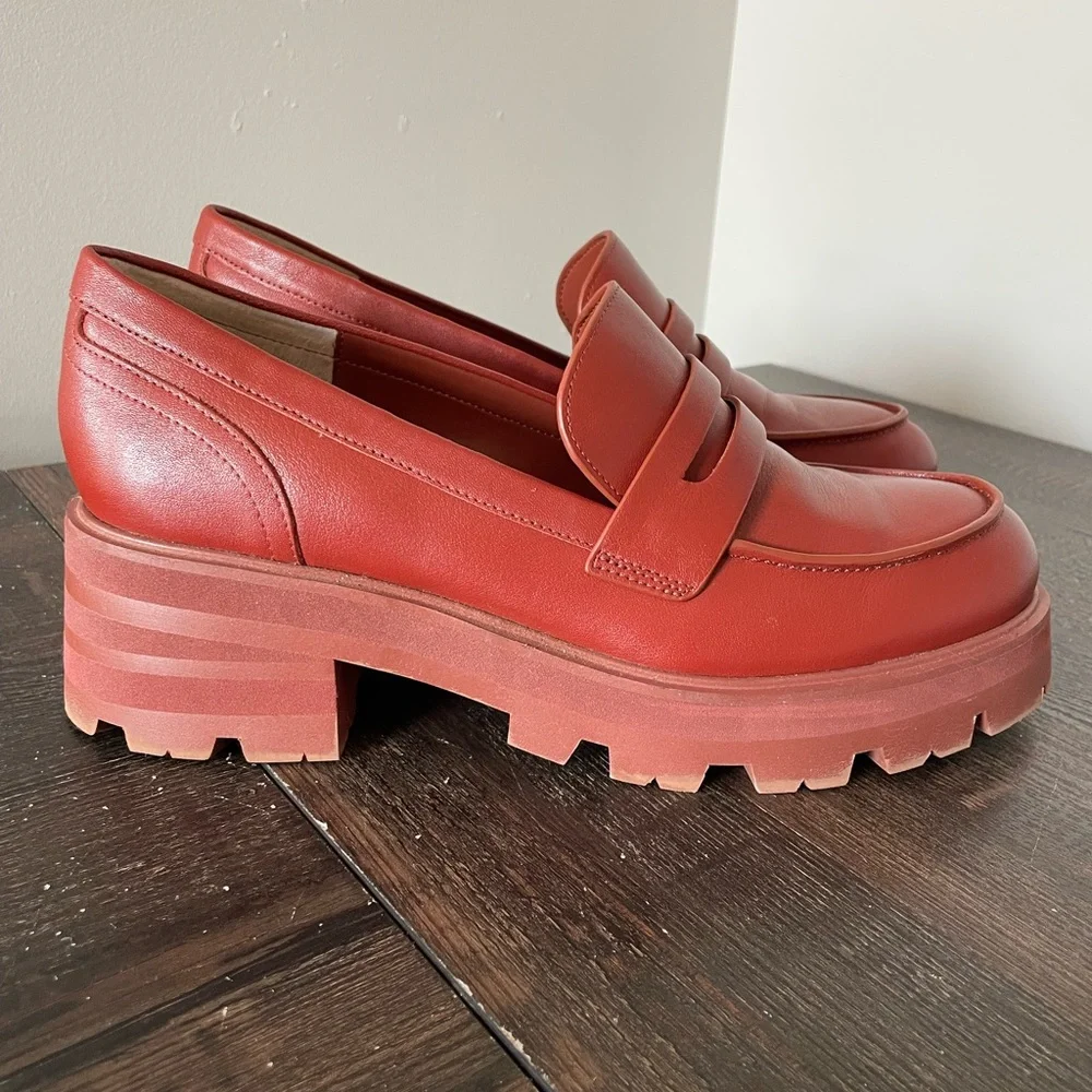 Marc Fisher 9.5 Latika lug sole penny loafer chunky platform burnt red/orange - Picture 7 of 16